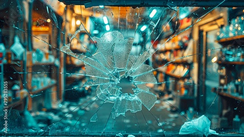 Shattered Shop Glass Window  A stark testament to urban decay  this image captures the eerie beauty of broken glass