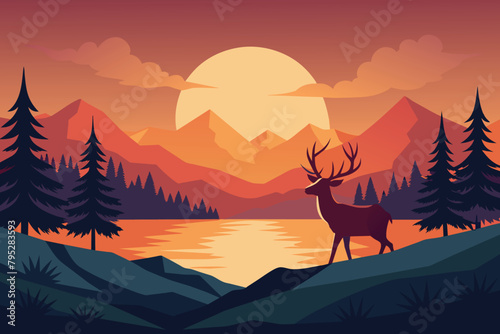 beautiful wildlife landscape with reindeer lake mountains and forest at sunset vector illustration