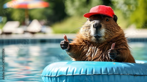 a beaver in a red baseball cap relaxing on a pool float giving thumbs up, summer day
