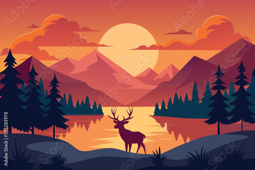 beautiful wildlife landscape with reindeer lake mountains and forest at sunset vector illustration © mobarok8888