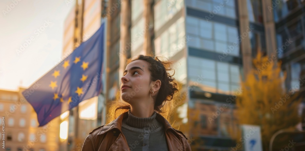 Young woman holds European flag in her hands