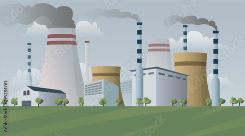 geothermal power plant vector illustration, industry and technology, factory background landscape