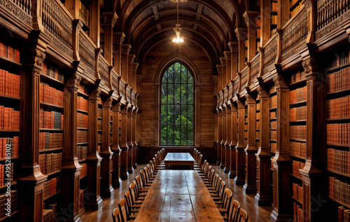 Interior of the library with wooden shelves created with Generative AI technology