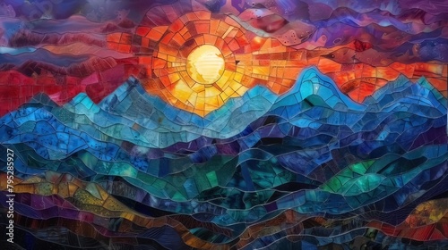 Mountains Motive Mosaic, Stained Glass Illusion with Wind blowing 