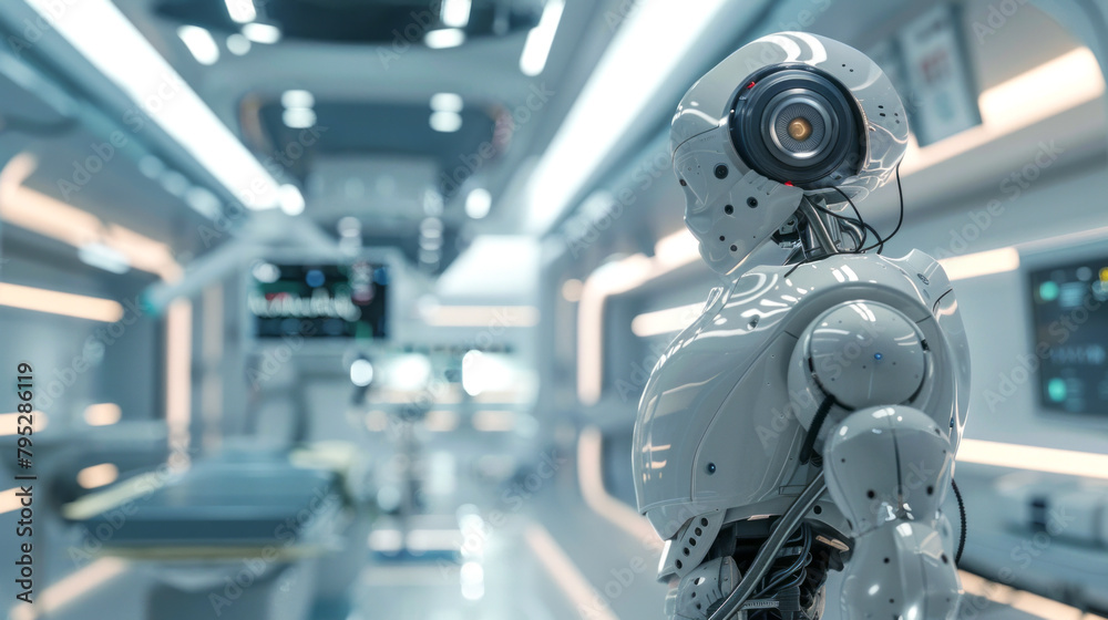 AI-driven robot conducts delicate surgery its sleek metallic surface reflecting the harsh sterile white light in a modern medical complex AI-driven robot conducts delicate surgery its sleek metallic surface reflecting the harsh sterile white light in a modern medical complex