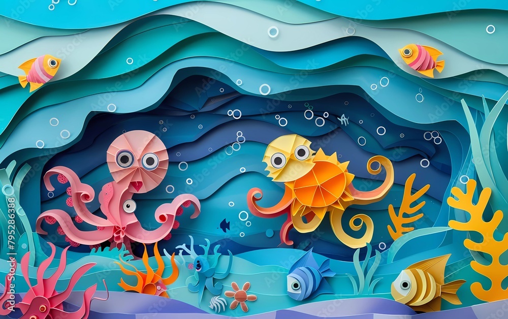 Butterfly fish, sea horse, moon fish, turtle, crab, paper cut octopus. Layered paper craft background under sea cave with coral reef fish on seabed in waves