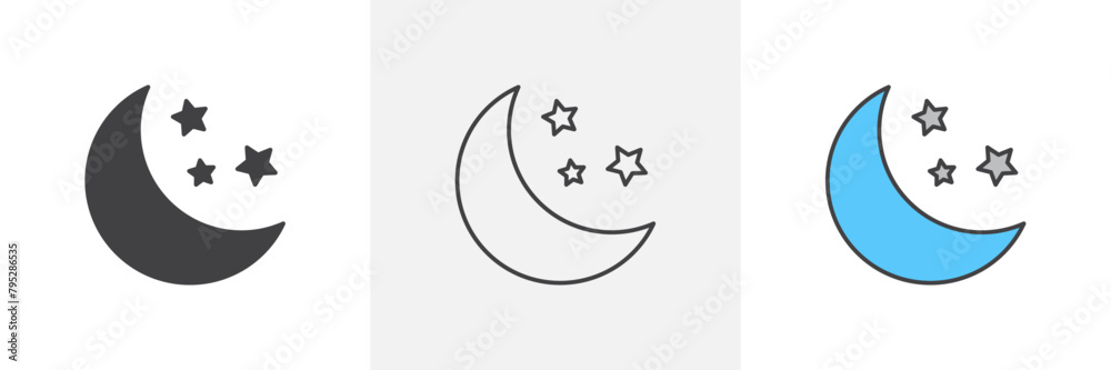 Night Sky Icons Featuring Half Moon and Crescent Shapes in Vector Night Sky Icons Featuring Half Moon and Crescent Shapes in Vector