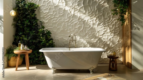 Stylish bathroom with freestanding tub and 3D wall texture  accented by indoor plants.