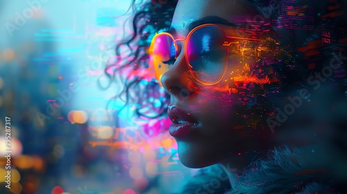 portrait of a beautiful black woman with curly hair wearing sunglasses with neon city lights reflecting in them