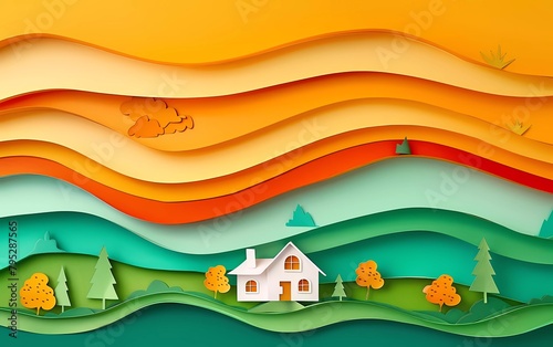 Paper art carving. Raster illustration. Paper art happy new year house with hills of green, yellow and orange colors. photo