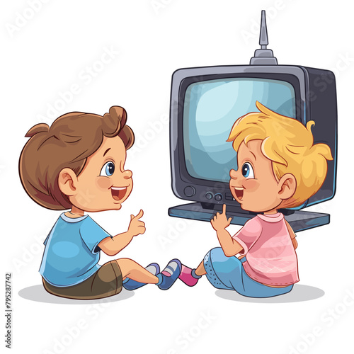 vector children sitting watching TV against a white background .Generative AI