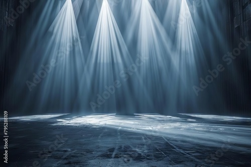 spotlights shining on empty stage floor in dark room theater or concert background 3d rendering