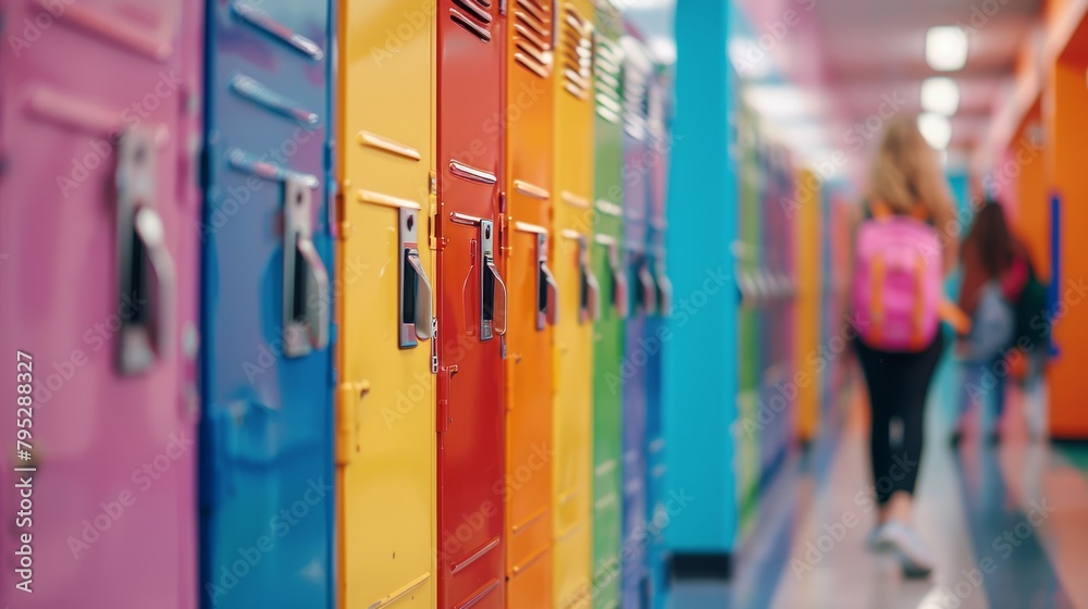 Close-up of a colorful row of lockers in a high school hallway, reflecting the lively atmosphere, with students in the background