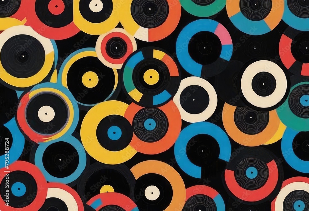 vinyl records in different shades of jet black, overlaid with a nostalgic multicolored painting of a jukebox.