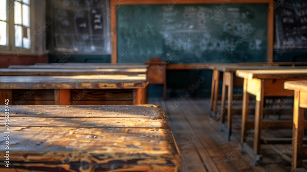 Eerie close-up of an empty traditional classroom, wooden desks and blackboard, dim lighting casts long shadows