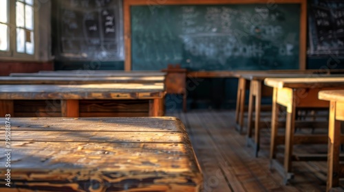 Eerie close-up of an empty traditional classroom, wooden desks and blackboard, dim lighting casts long shadows © Alpha