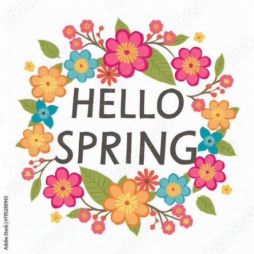 Greeting card with floral wreath of colorful flowers, leaves, branches and text "Hello Spring" in cursive font on a white background, illustration, poster, flat style
