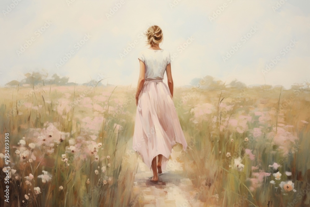 Woman walking on the flower field painting dress contemplation. Woman walking on the flower field painting dress contemplation.