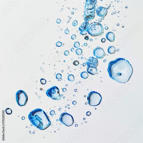 Blue bubbles of various sizes float upwards against a white background.