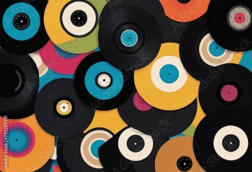 vinyl records in different shades of rock-n-roll black, overlaid with a nostalgic multicolored painting of a music concert.