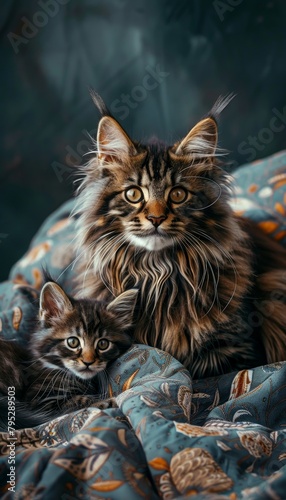Male kodkod and kodkod kitten portrait with empty space on left side for text placement