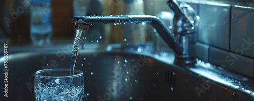 Water being poured into a glass from a faucet. photo
