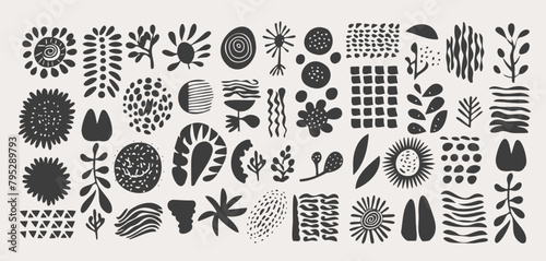 Set of trendy doodle abstract Drawn shapes on isolated white background. Spots drops curves lines and textures. Modern contemporary vector illustration unusual organic forms in matisse style by hand