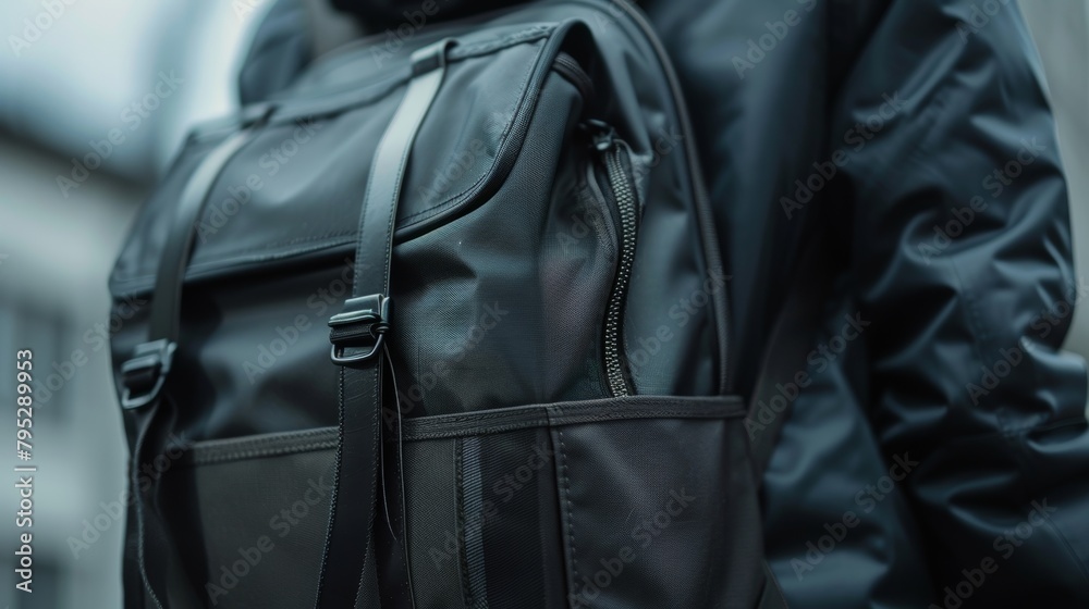 Stylish close-up of a modern black backpack ready for back to school, emphasizing the sleek design and sturdy material Stylish close-up of a modern black backpack ready for back to school, emphasizing the sleek design and sturdy material