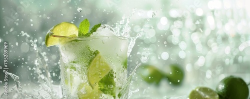 A mojito with a lime wedge and mint leaves. photo