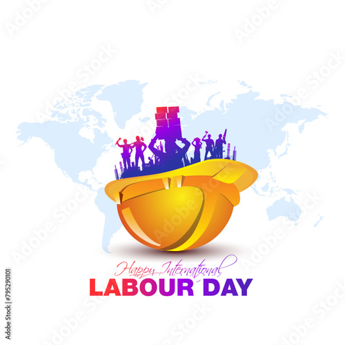 Labor Day EPS vector illustration. Happy International Labour Day text with safety helmet workers. © New concept & ideas