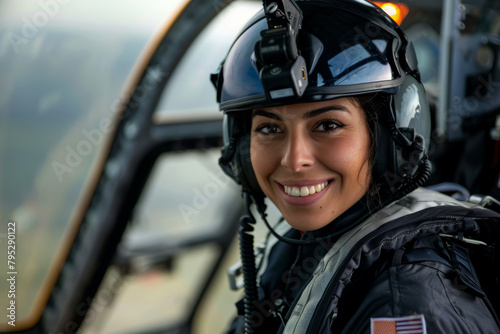 Confident, smiling female  helicopter pilot: Woman in aviation, chauvinism sexism in the Army © David