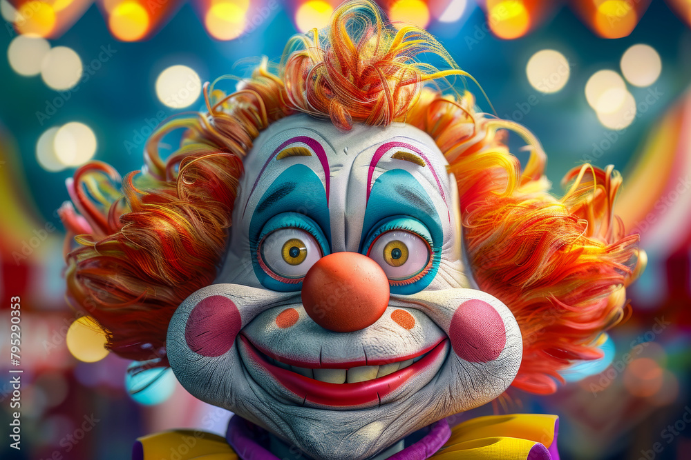 Circus Clown.  Generated Image.  A digital rendering of a closeup view of a creepy looking circus clown caricature.