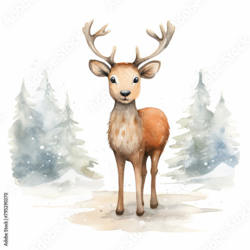 Cartoon reindeer on a snowy Christmas Eve, in gentle watercolors, soft color, cute style, in white background © PhotoLand 639
