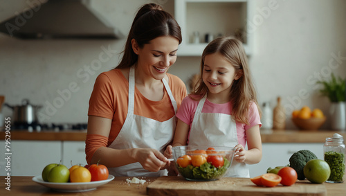 mother and child cooking together