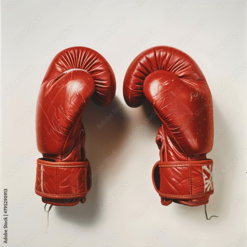 A pair of red boxing gloves hang against a white background.