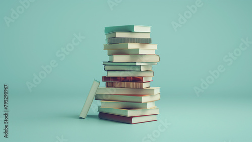 Stack of books on light blue background