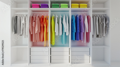 White closet filled with colorful clothes
