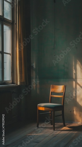 A single wooden chair sits in an empty room.
