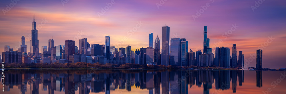 Panoramic view of cityscape Chicago at Lake Michigan, Illinois, USA	