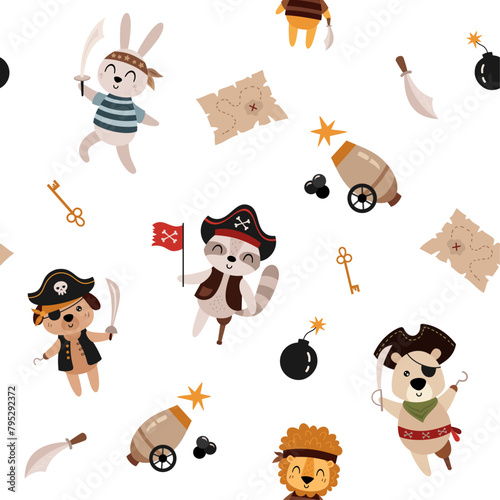 Pirate animal seamless pattern. Pirate digital paper in cartoon flat style. Kids scrapbook paper. Hand drawn vector pattern.