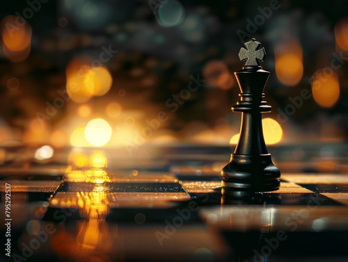 A black chess king standing alone on a chessboard with a blurred background.