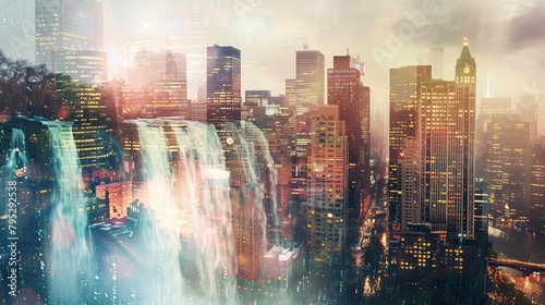Nature's Influence on Cityscape: Waterfall Double Exposure. photo
