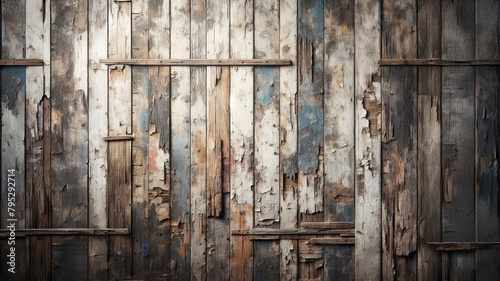 Antique distressed wooden planks made of painted old driftwood as a wall background texture. Generative AI
