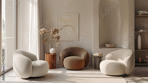 Collage of soft armchairs in modern interiors of living room  