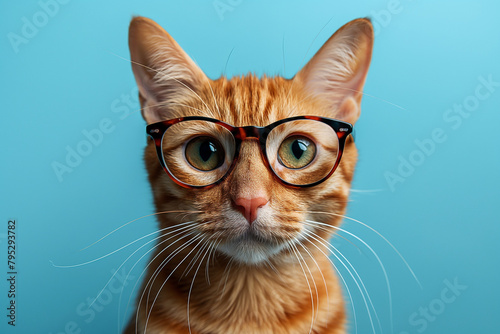 Funny face orange cat with glasses isolated on pastel blue background