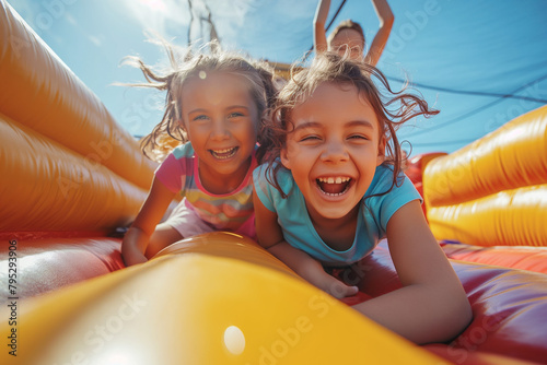 Happy group of kids on the inflatable bounce house on sunny summer day © Rattanapon