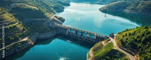 A dramatic overhead view of a dam releasing torrents of water, showcasing human engineering and environmental impact.