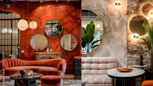 Collage of stylish interiors with round mirrors hangin photo