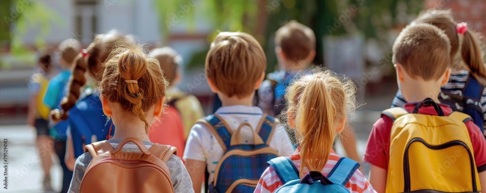 A group of young students with bright backpacks standing in a line, portraying the concept of education and friendship among schoolchildren. A group of young students with bright backpacks standing in a line, portraying the concept of education and friendship among schoolchildren.