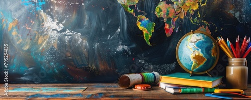 An educational featuring old books stacked, a world globe, and colorful pencils in a cup, showcasing a blend of vintage and modern learning tools.